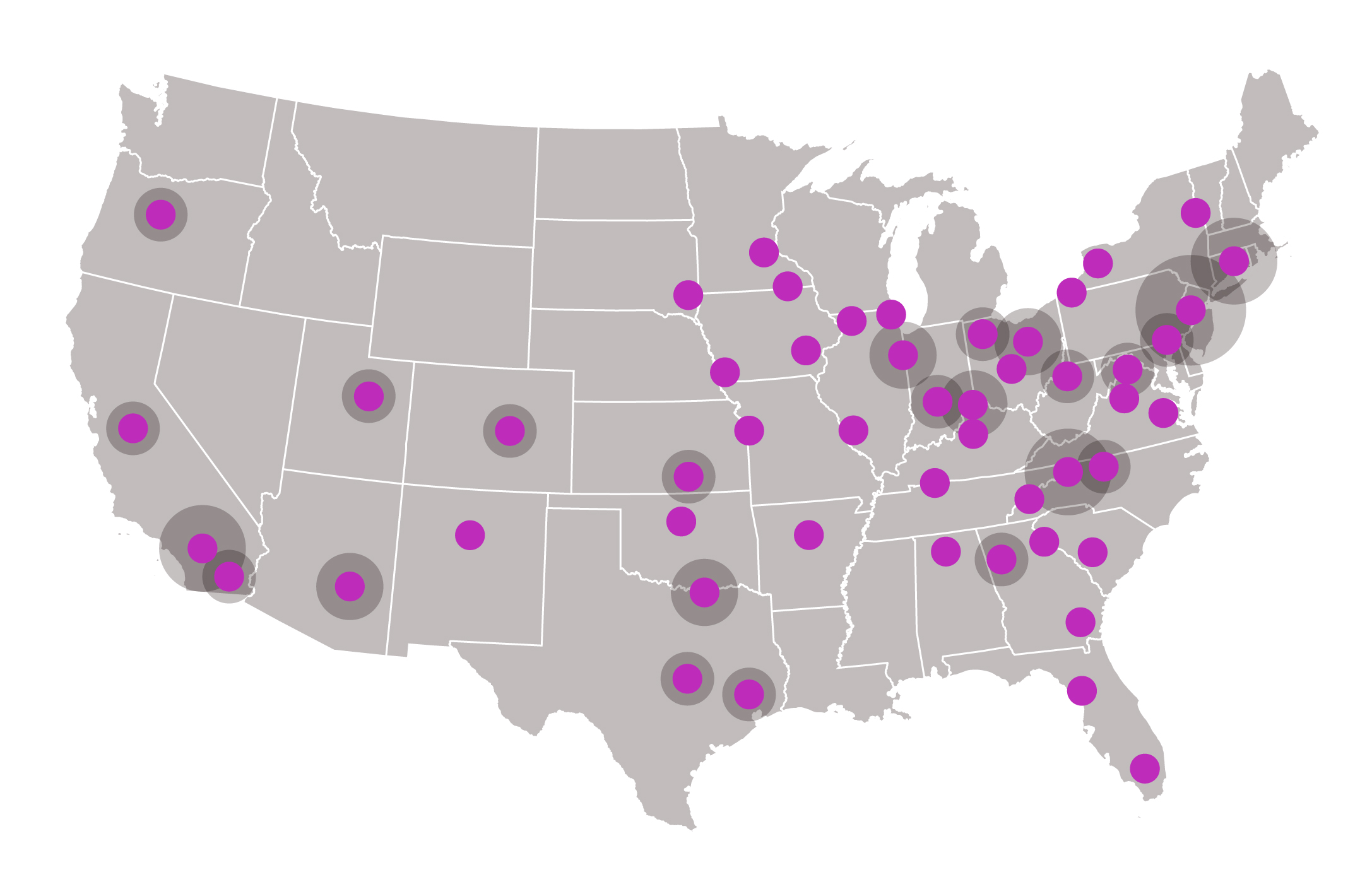 US Map showing a variety of treatment center locations identified as purple dots.